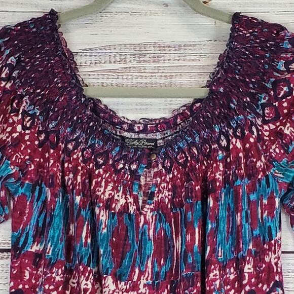 Lucky Brand Peasant Blousy Top Size M Purple Blue Paisley Geo Stretchy Boho 70's - Picture 3 of 10